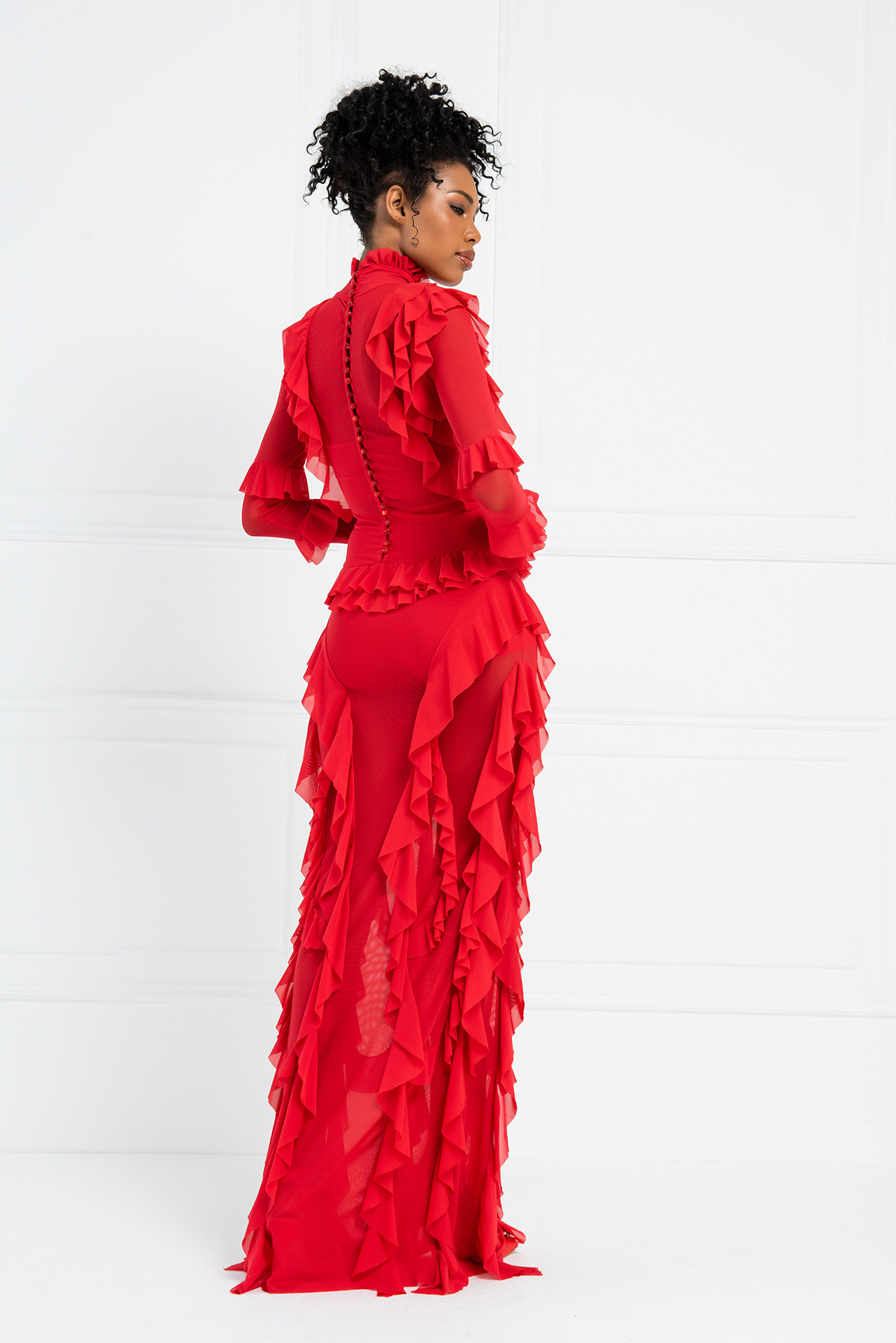 Sheer Ruffled Maxi Dress In Red | Kikiriki