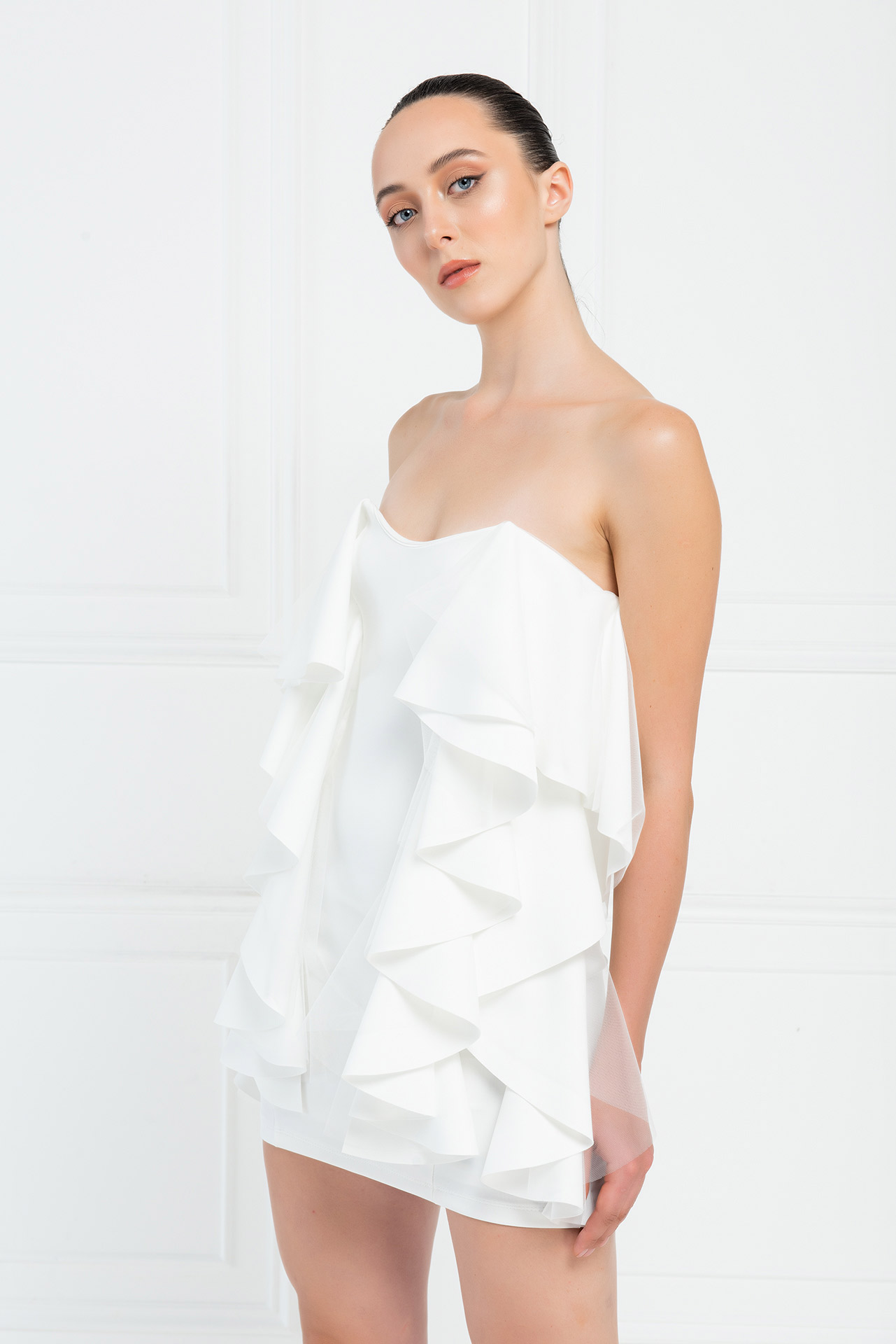 Ruffle-Trim Offwhite Tube Dress | Kikiriki