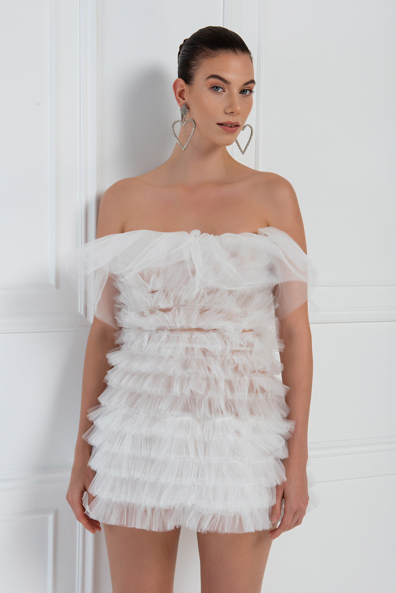 Off white Fırfırlı Mini Tül Elbise