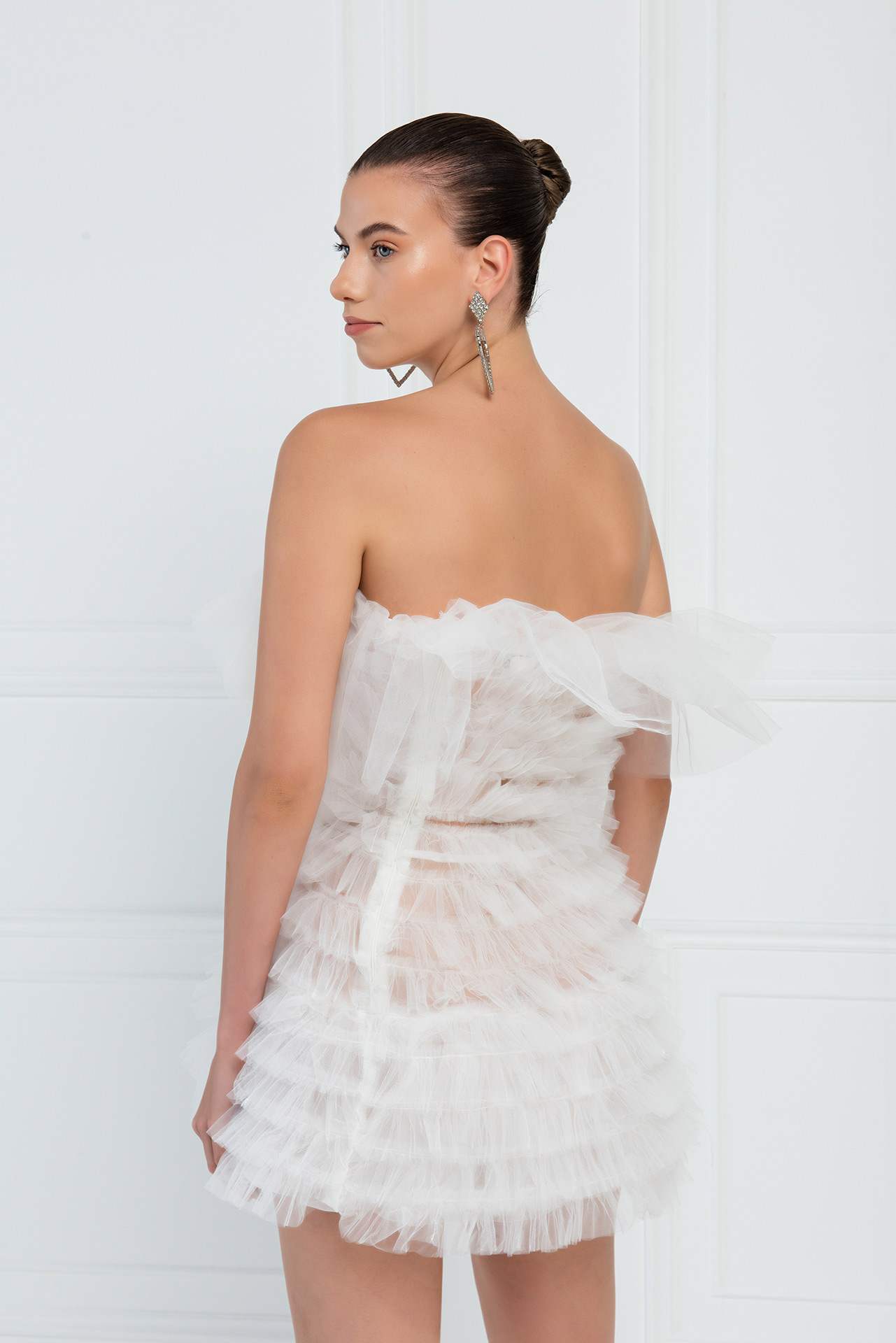 Off white Fırfırlı Mini Tül Elbise