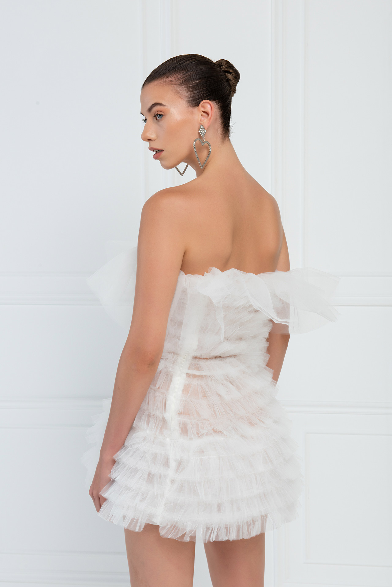 Off white Fırfırlı Mini Tül Elbise