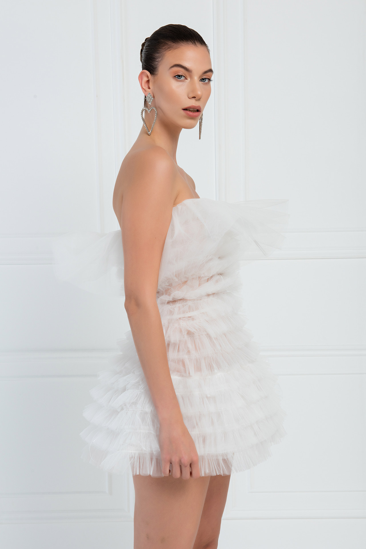 Off white Fırfırlı Mini Tül Elbise