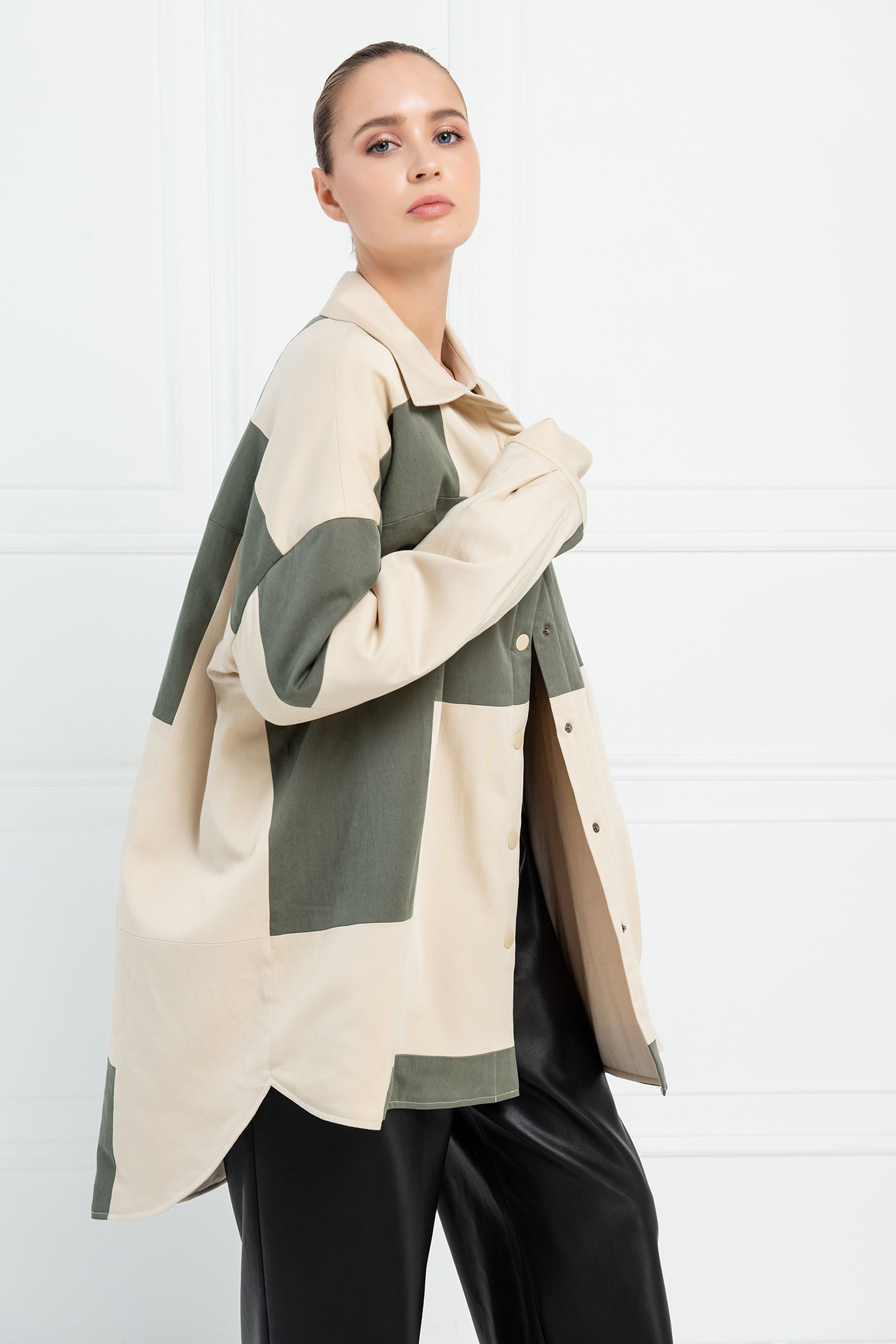 Bej & Khaki Parçalı Elyaflı Gömlek Ceket