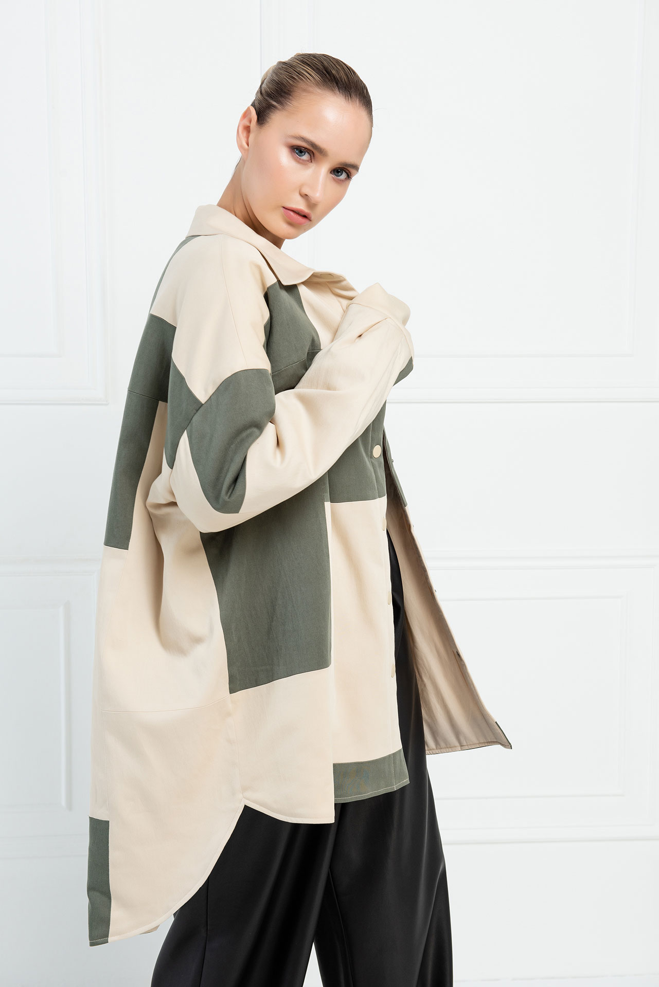 Bej & Khaki Parçalı Elyaflı Gömlek Ceket