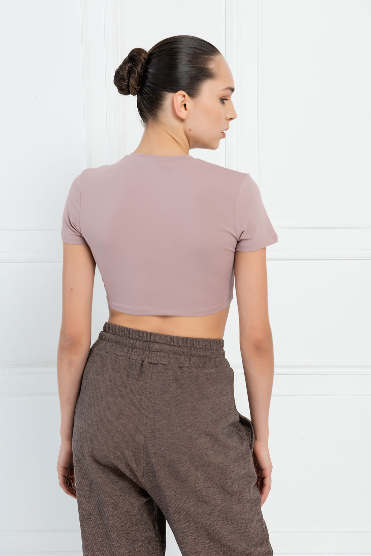 Short Sleeve Beige Pink Crop Top