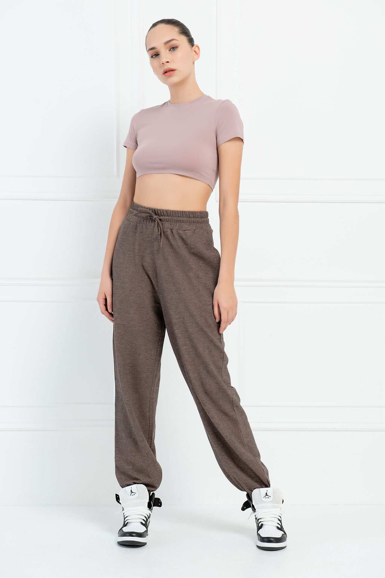 Short Sleeve Beige Pink Crop Top