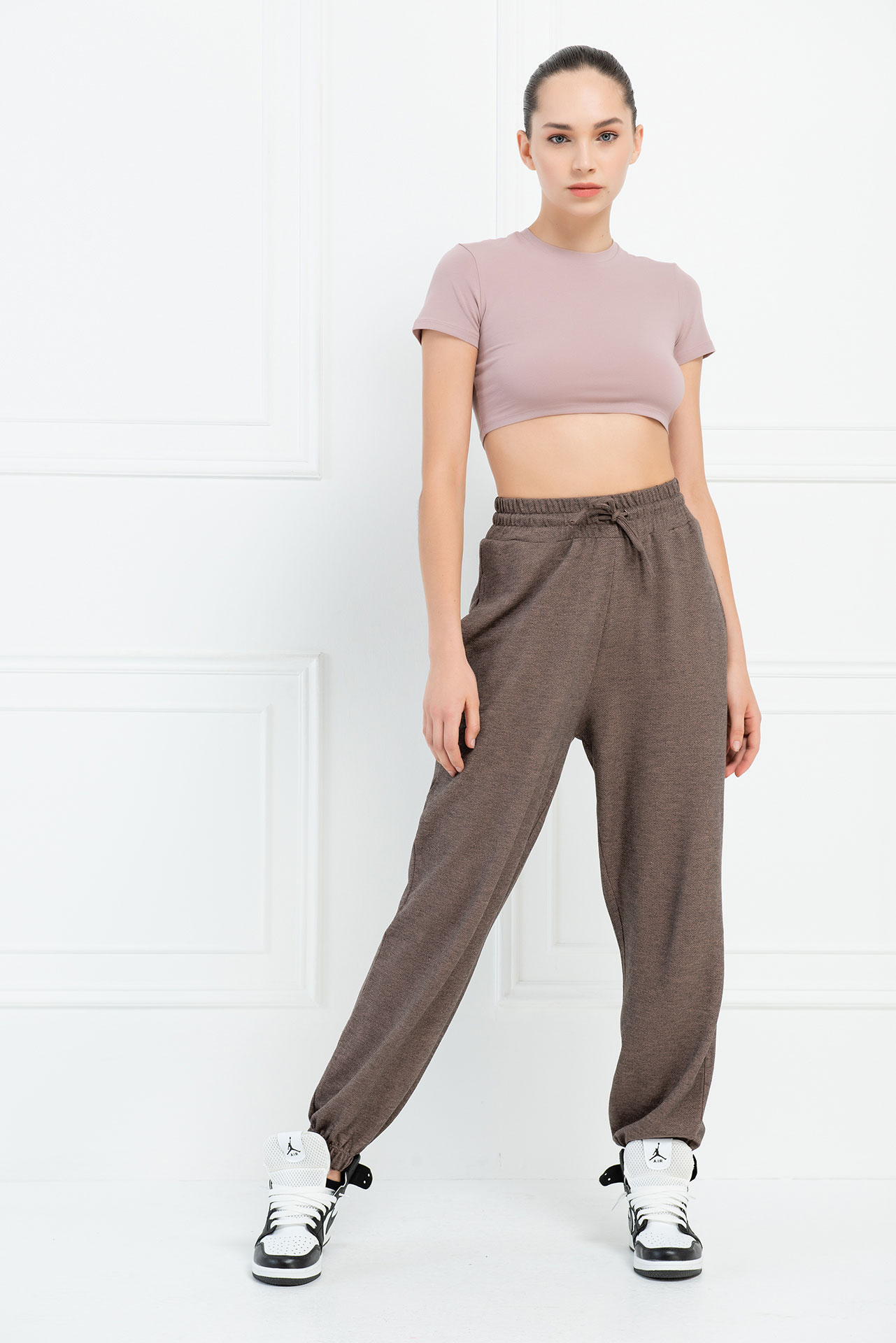 Short Sleeve Beige Pink Crop Top