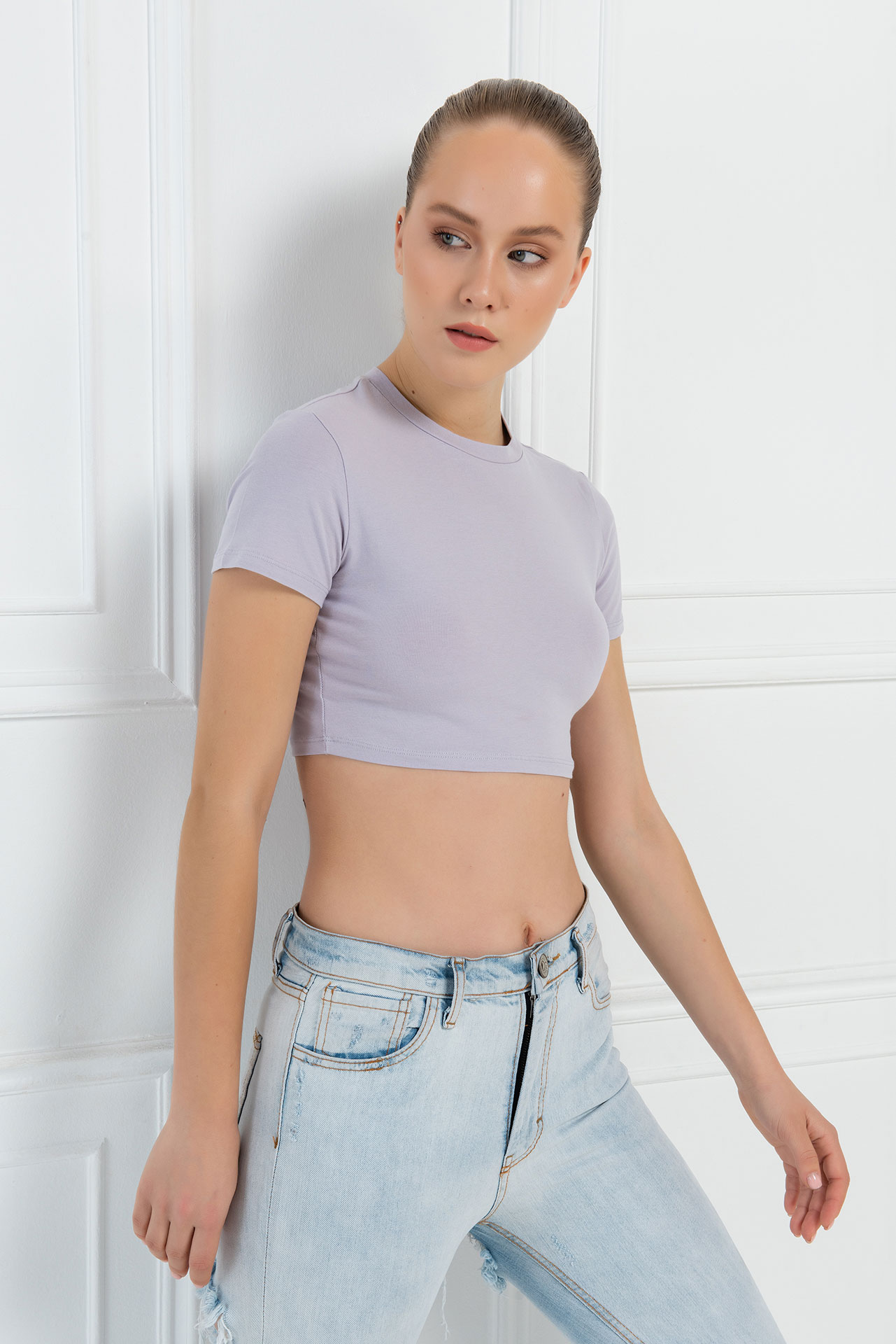 Kısa Kollu Light Lilac Crop Bluz