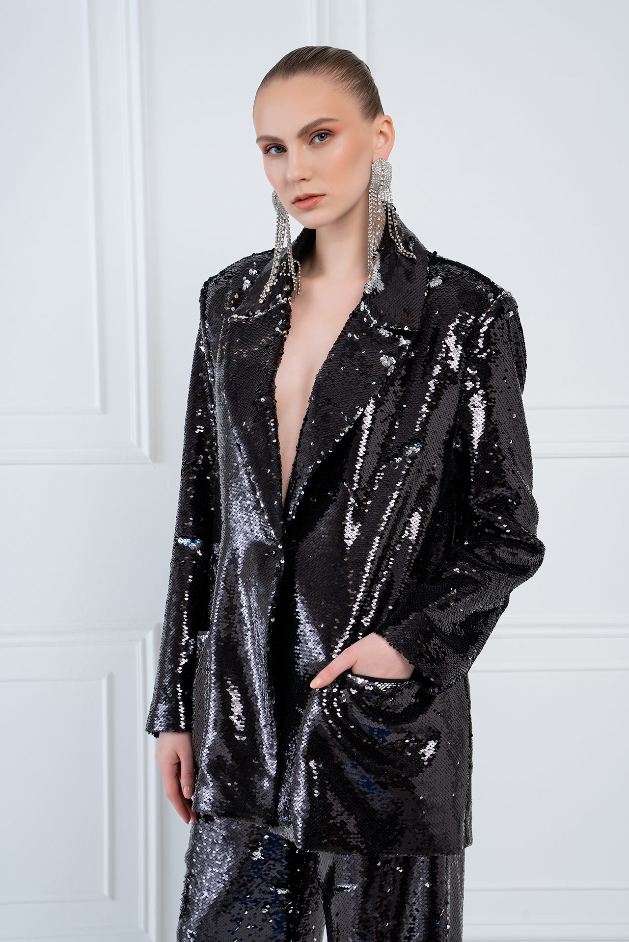 Black-Silver Two-Way Sequin Jacket | Kikiriki