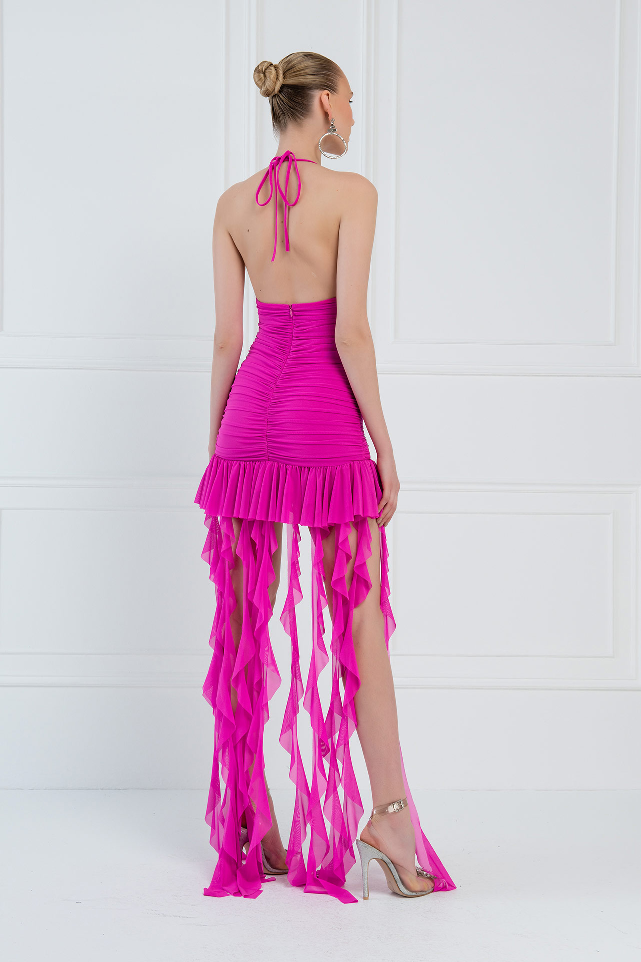 Yeni Fuşya Boyundan Bağlamalı Fırfırlı Elbise