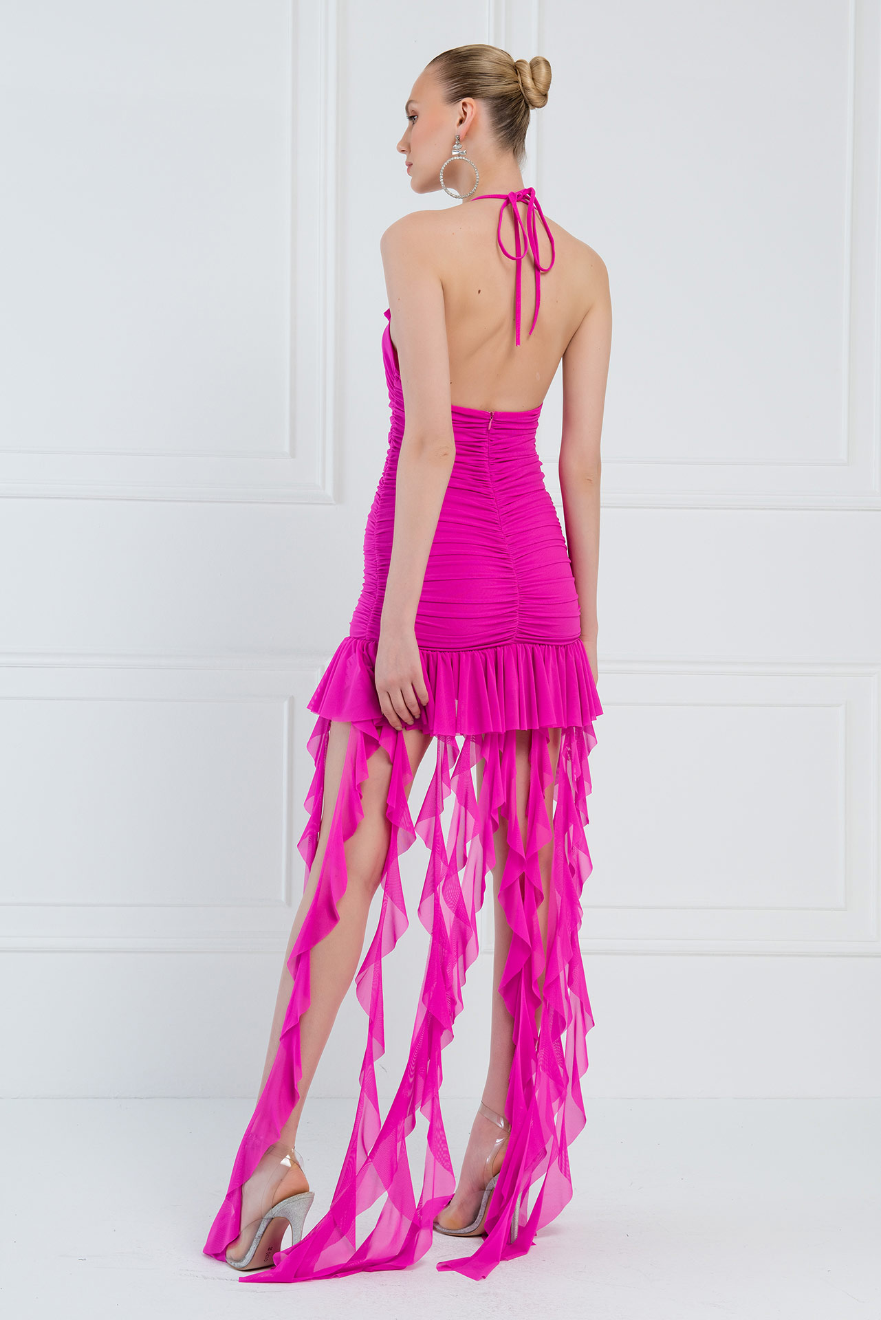 Yeni Fuşya Boyundan Bağlamalı Fırfırlı Elbise