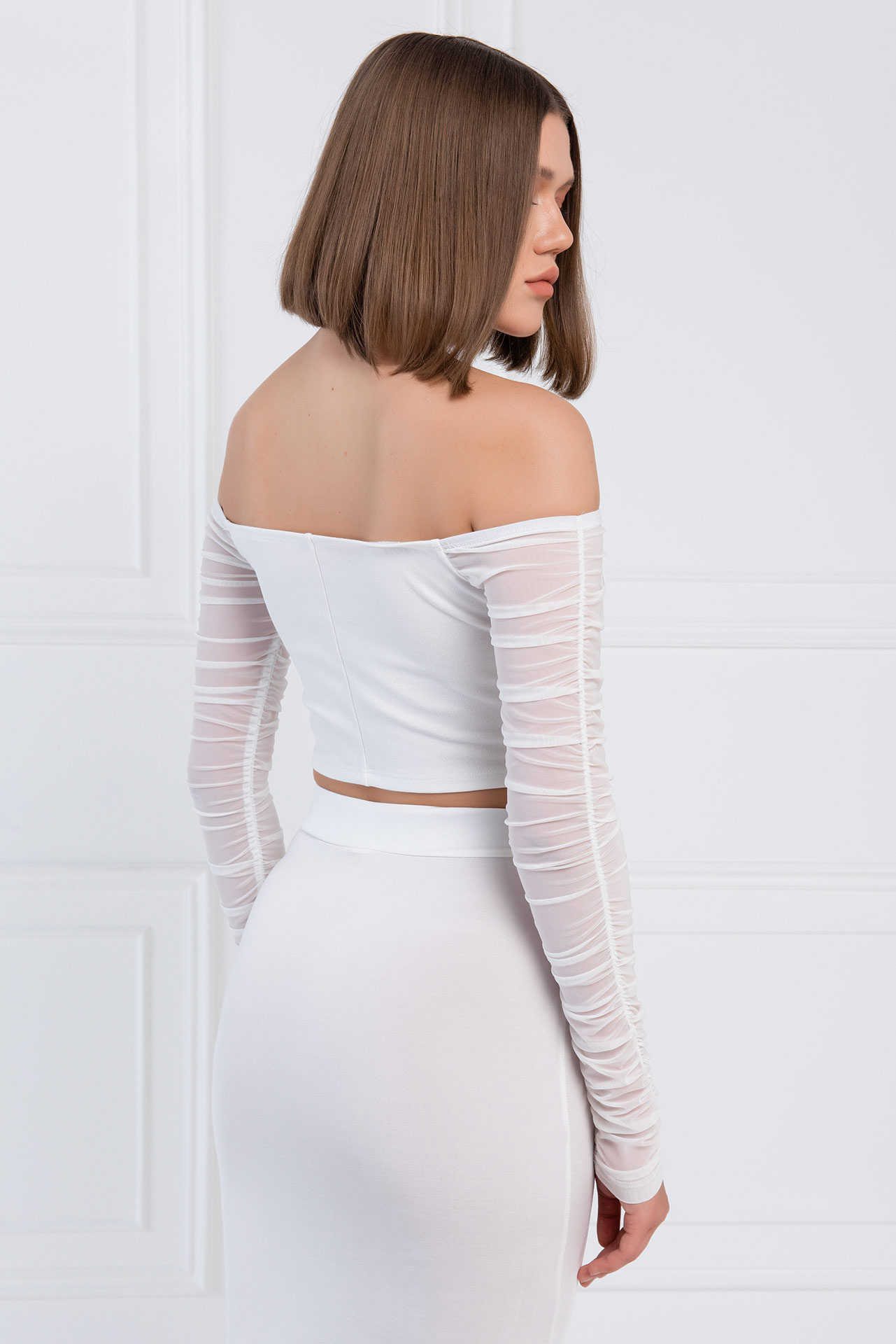 Off white Straplez Büzgülü Tül Büstiyer