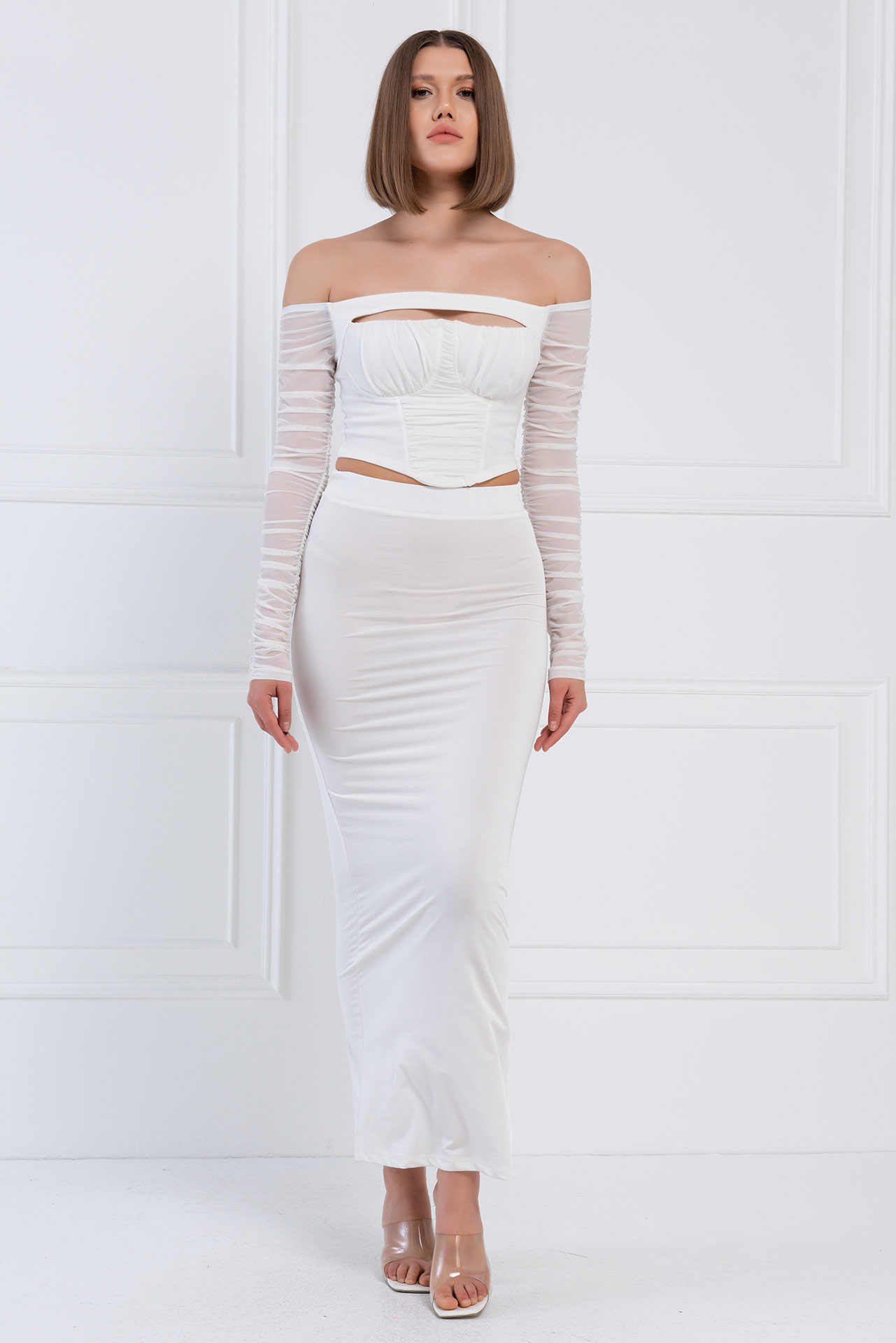 Off white Straplez Büzgülü Tül Büstiyer