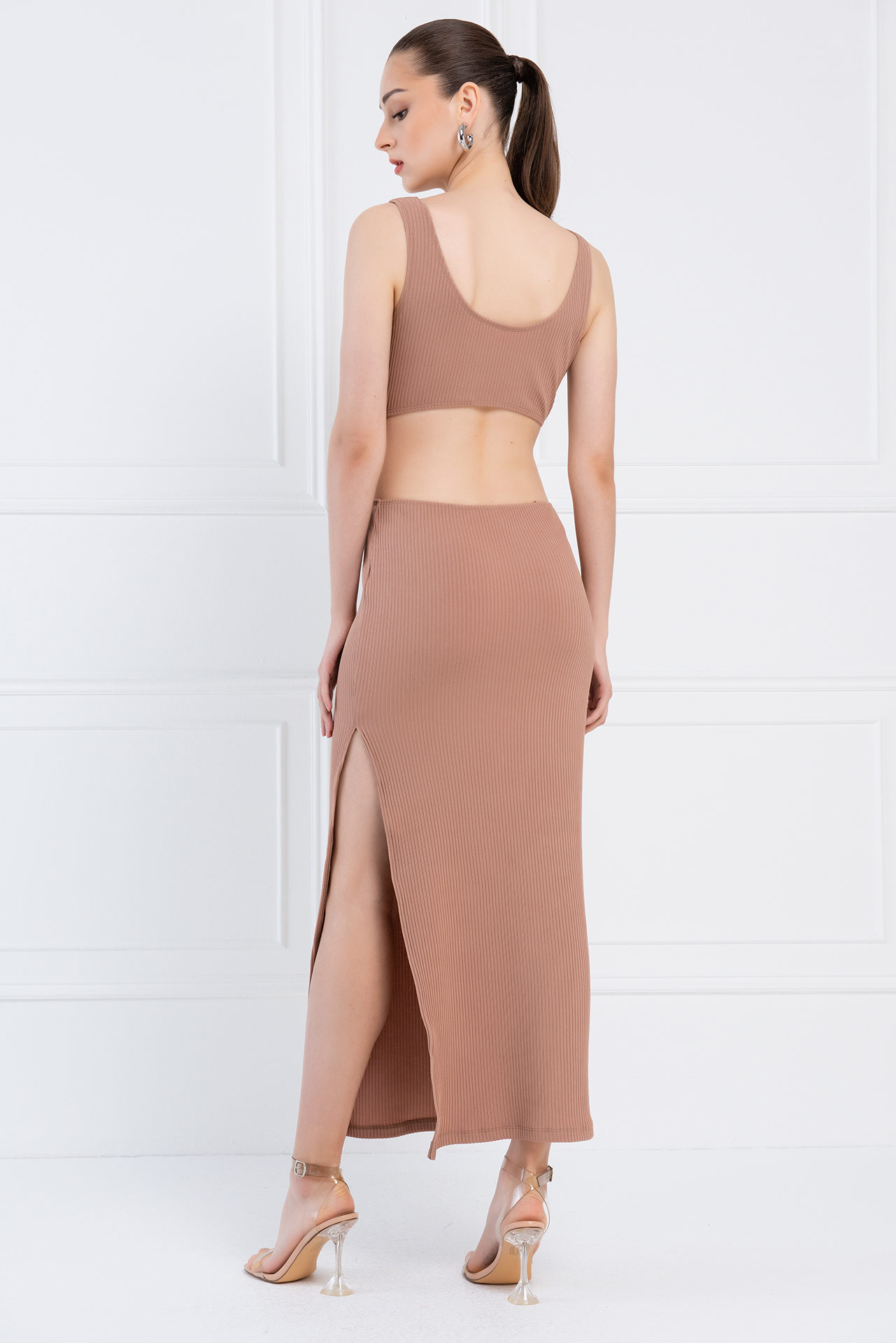 Karamel Göbek Dekolteli Kaşkorse Elbise