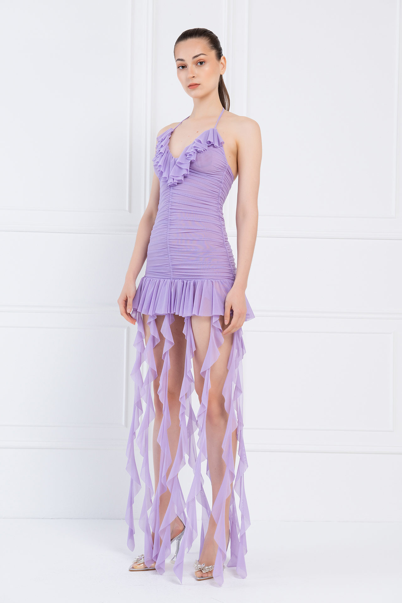 Yeni Leylak Boyundan Bağlamalı Fırfırlı Elbise