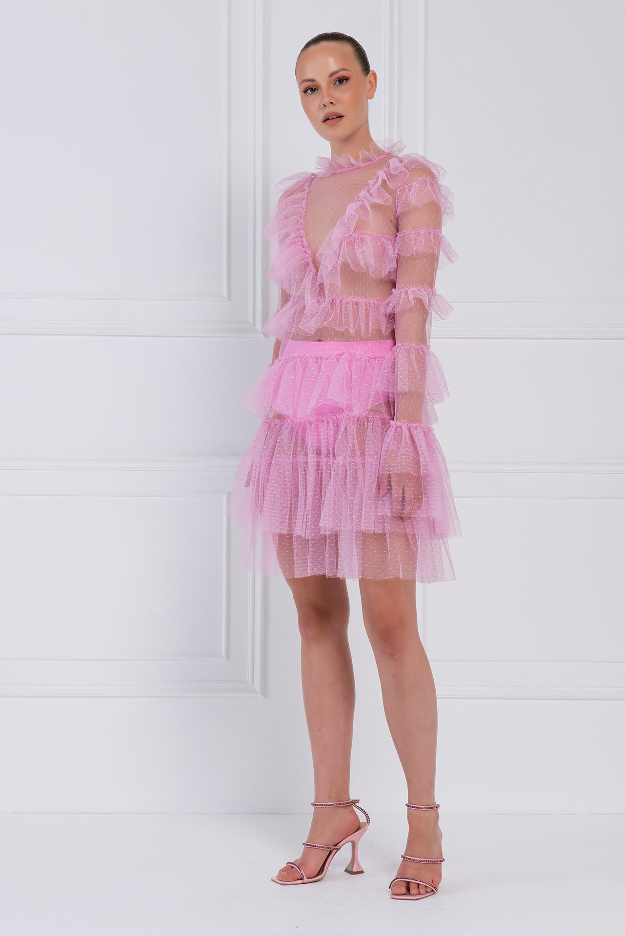 Ruffle-Trim Sheer Pink Mesh Mini Dress 