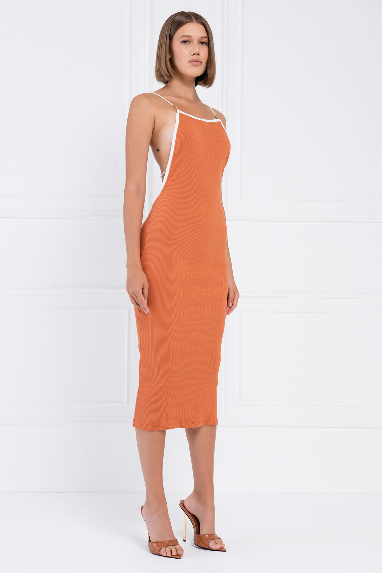 Ochre Pearl-Strap Back Cami Dress 