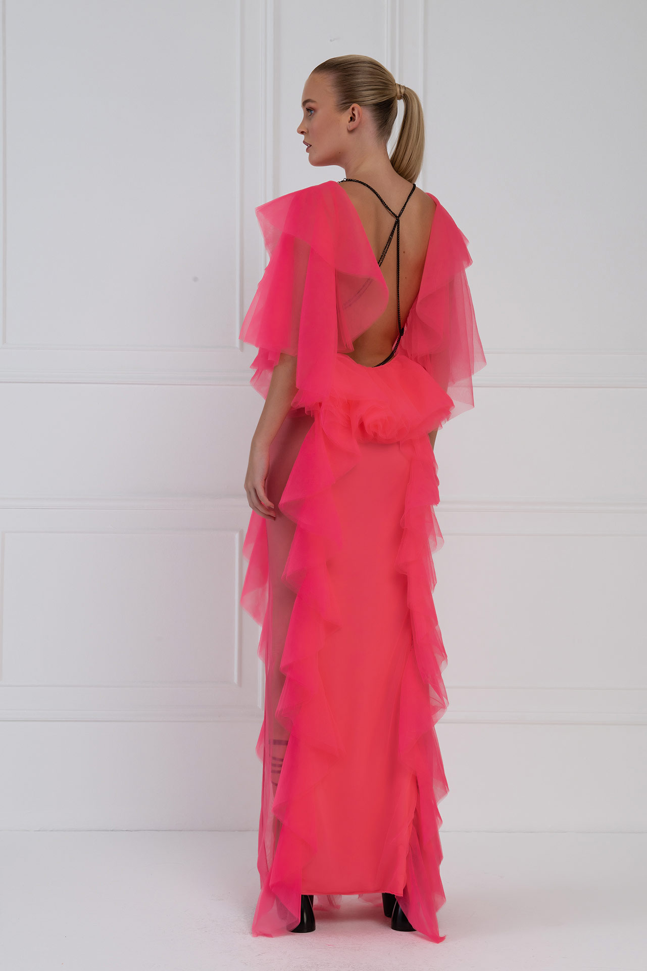Tulle Detail Sheer Neon Pink Maxi Dress ...