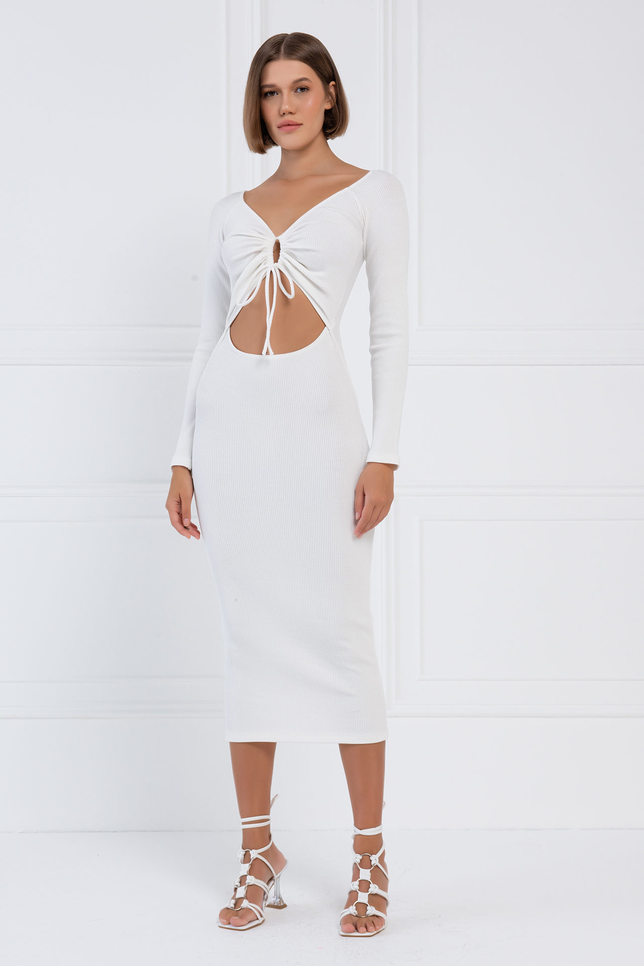 Off white Önü Biye Bağlamalı Midi Elbise