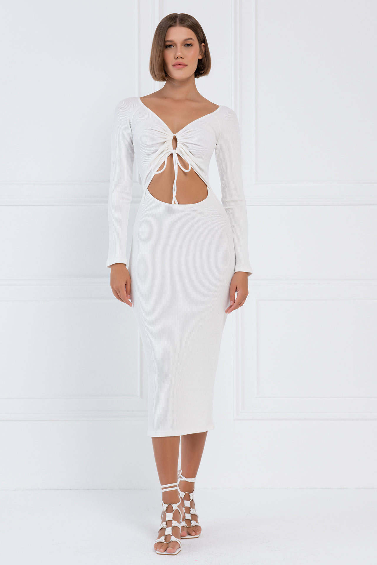Off white Önü Biye Bağlamalı Midi Elbise