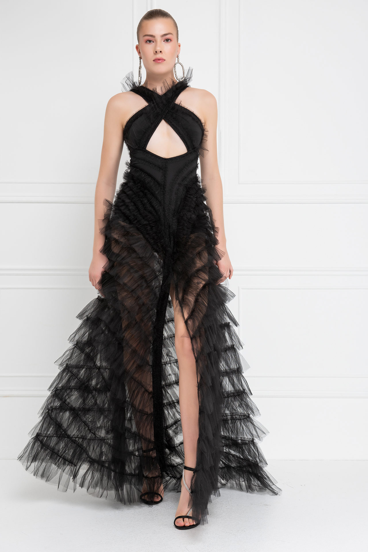 Black Tiered-Ruffle Mesh Maxi Dress
