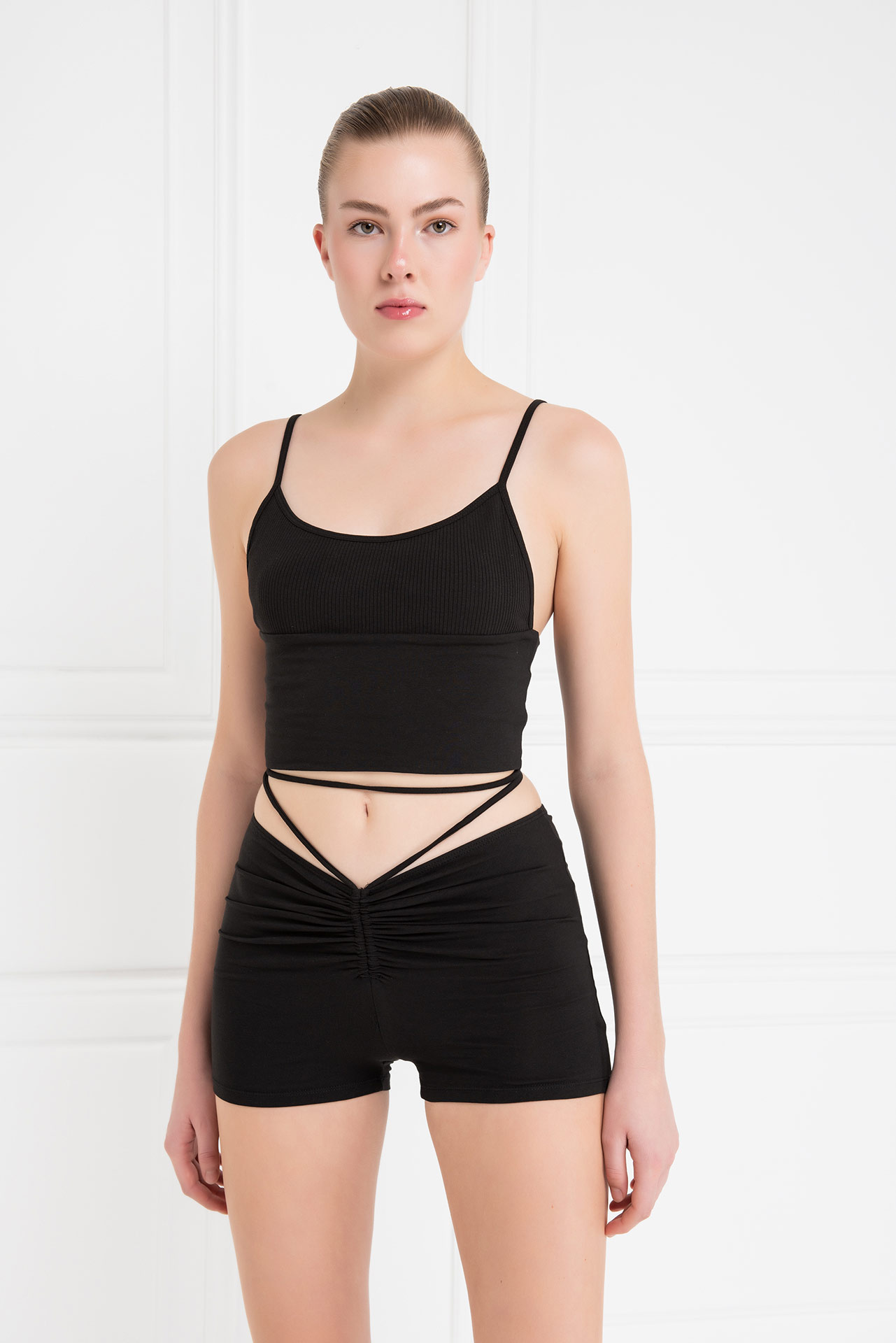 Black Ruched Strappy Shorts
