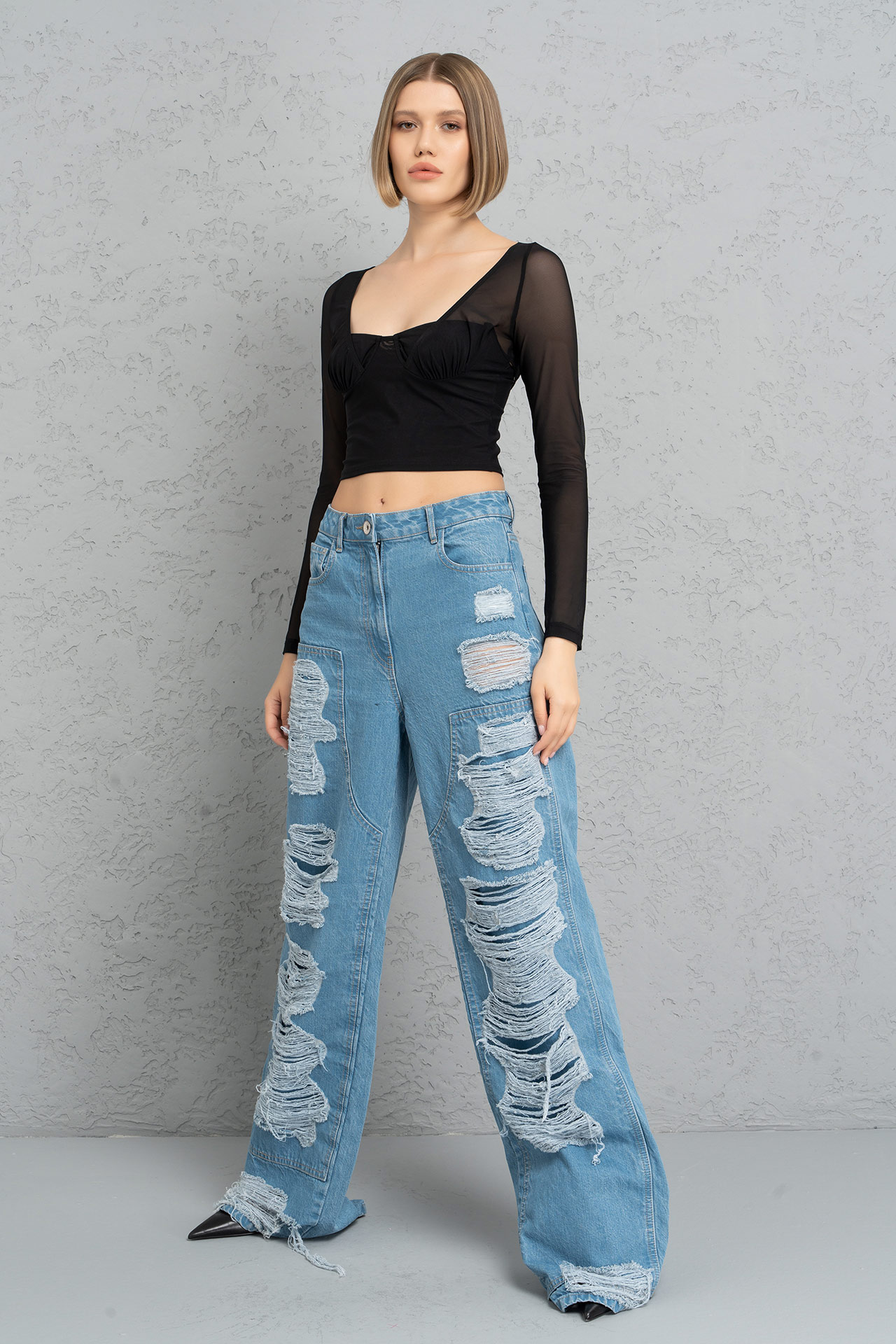 Mavi Yırtık Tasarımlı Bol Kot Pantolon