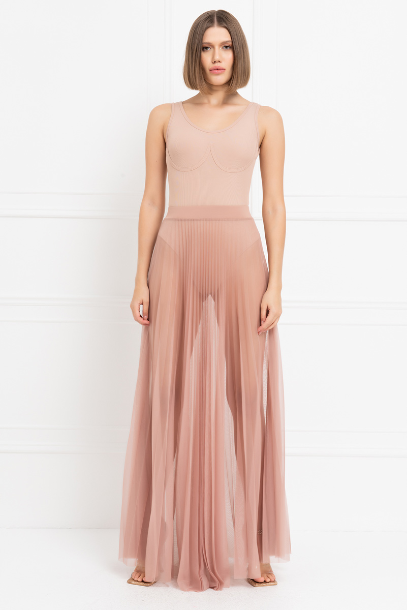 Sheer Pleated Maxi Skirt In Caramel 