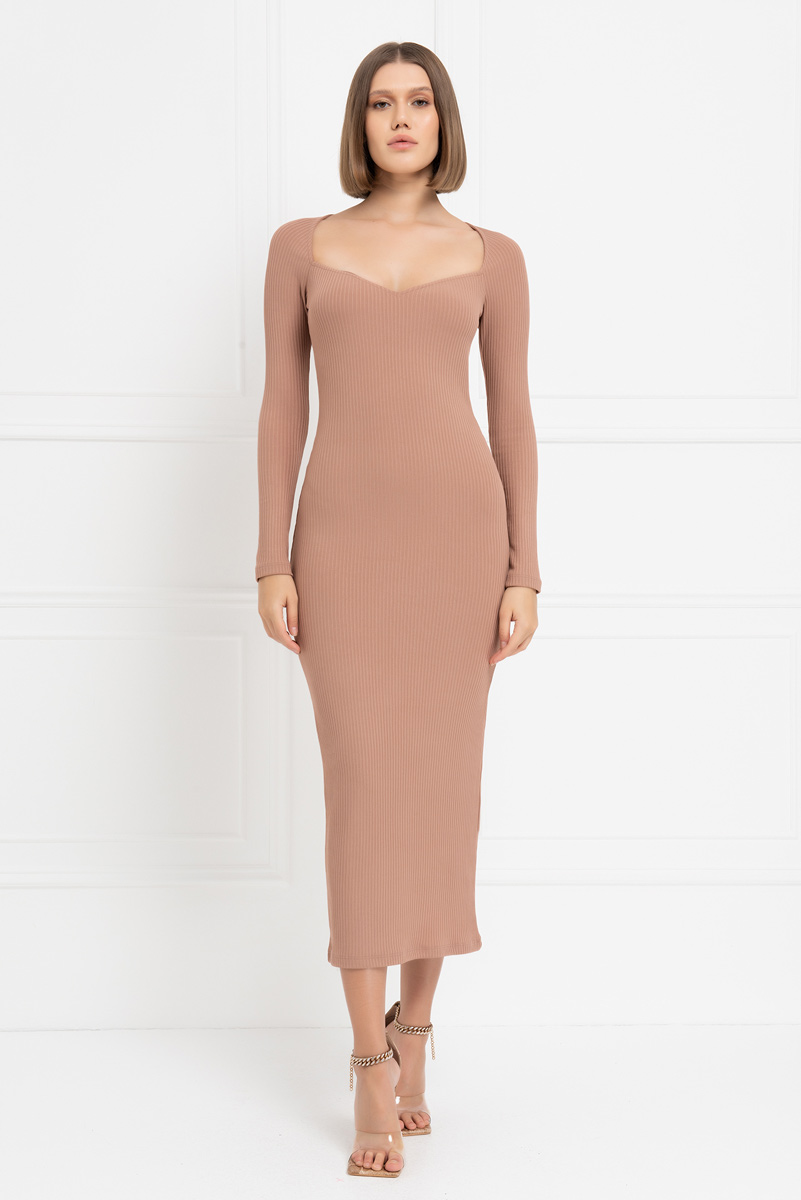 Caramel Ribbed Sweetheart-Neck Maxi 