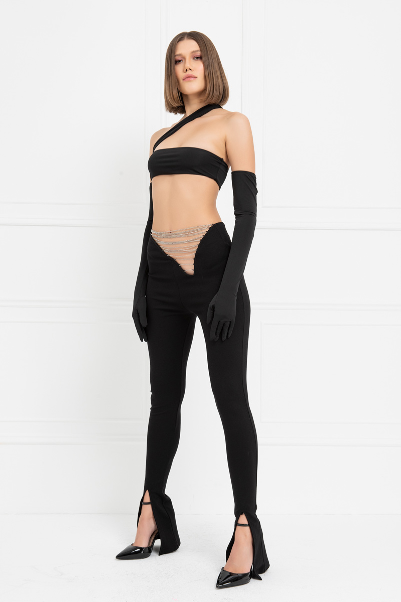 Siyah Beli Zincir Detaylı Pantolon