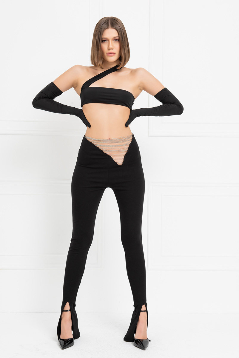 Siyah Beli Zincir Detaylı Pantolon