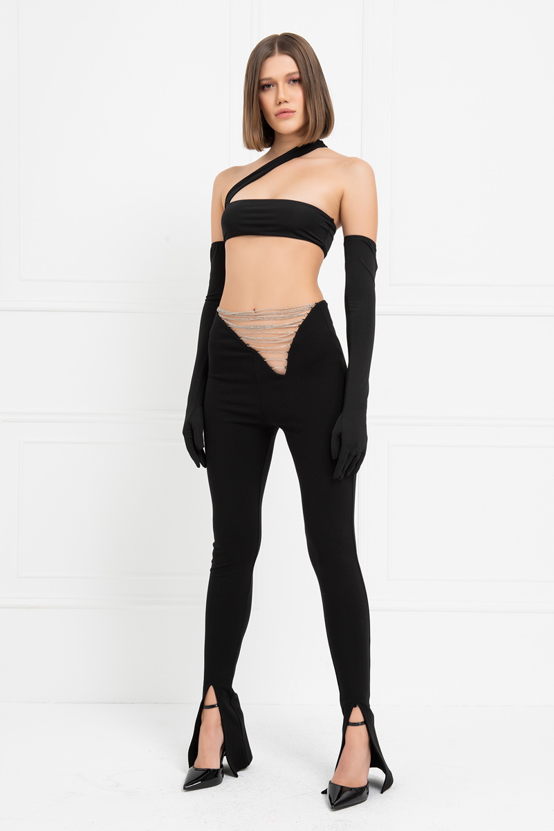 Siyah Beli Zincir Detaylı Pantolon