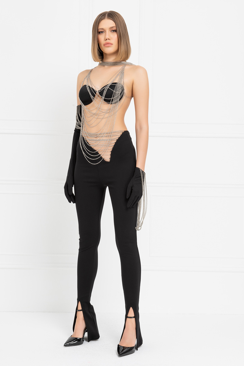 Siyah Beli Zincir Detaylı Pantolon