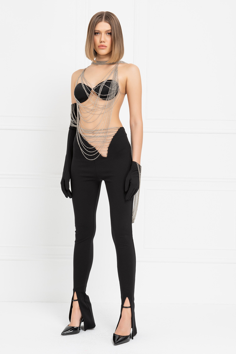 Siyah Beli Zincir Detaylı Pantolon