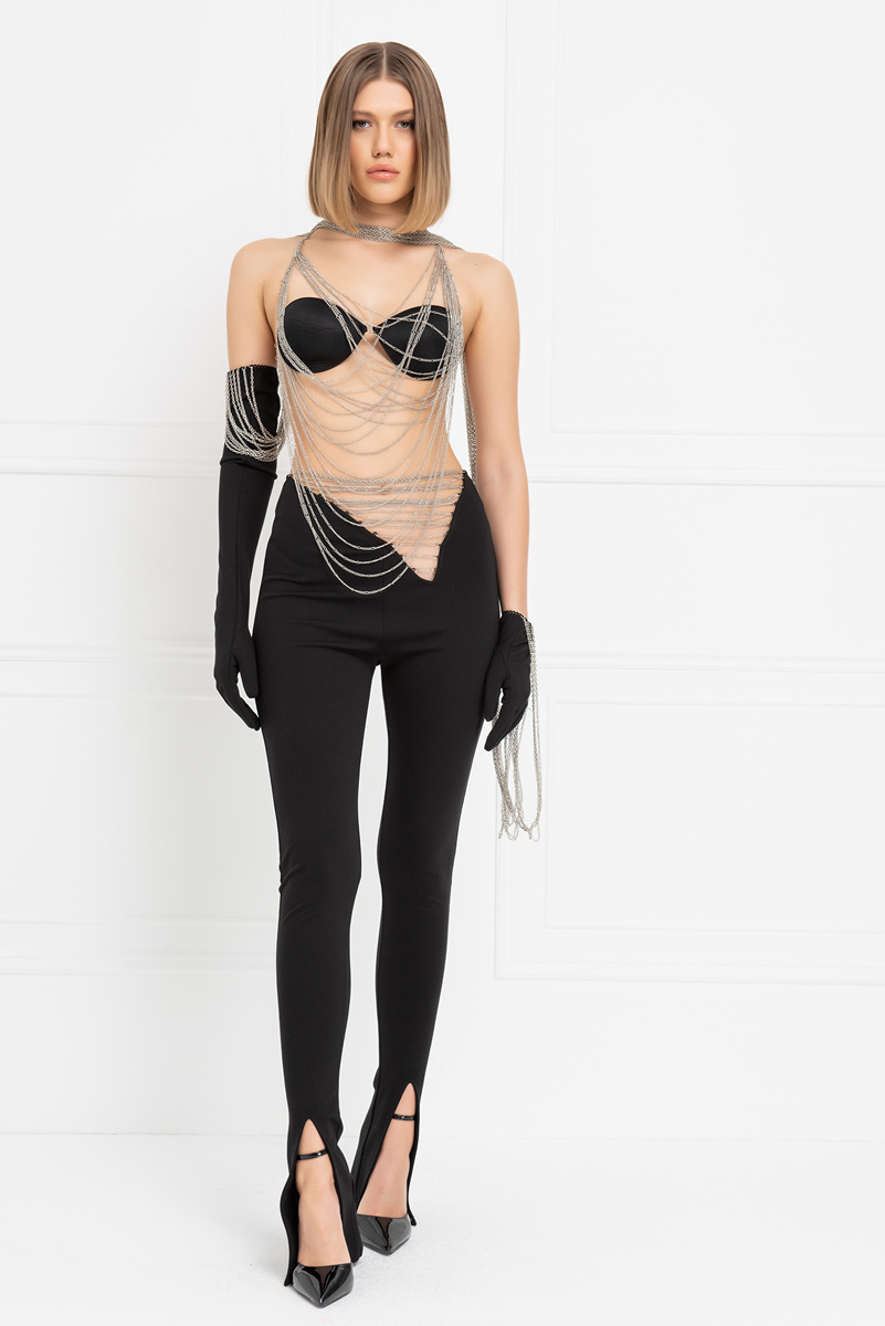 Siyah Beli Zincir Detaylı Pantolon