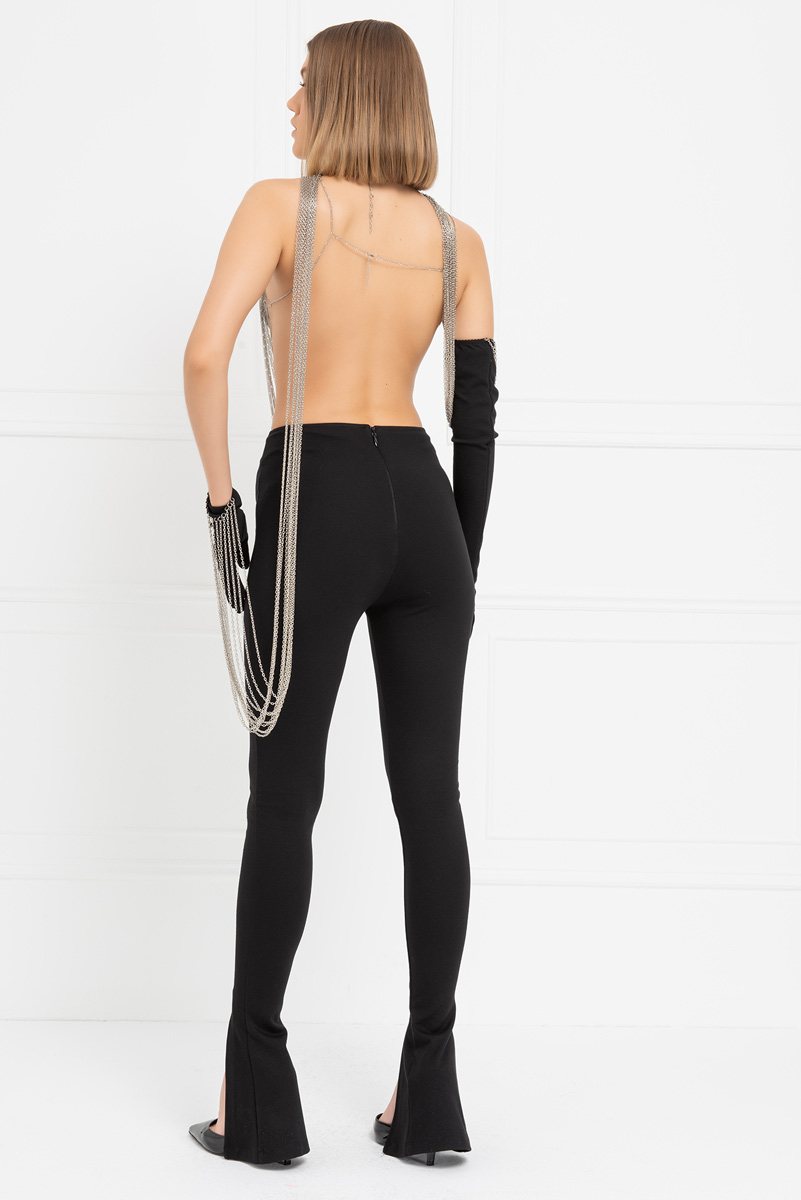 Siyah Beli Zincir Detaylı Pantolon