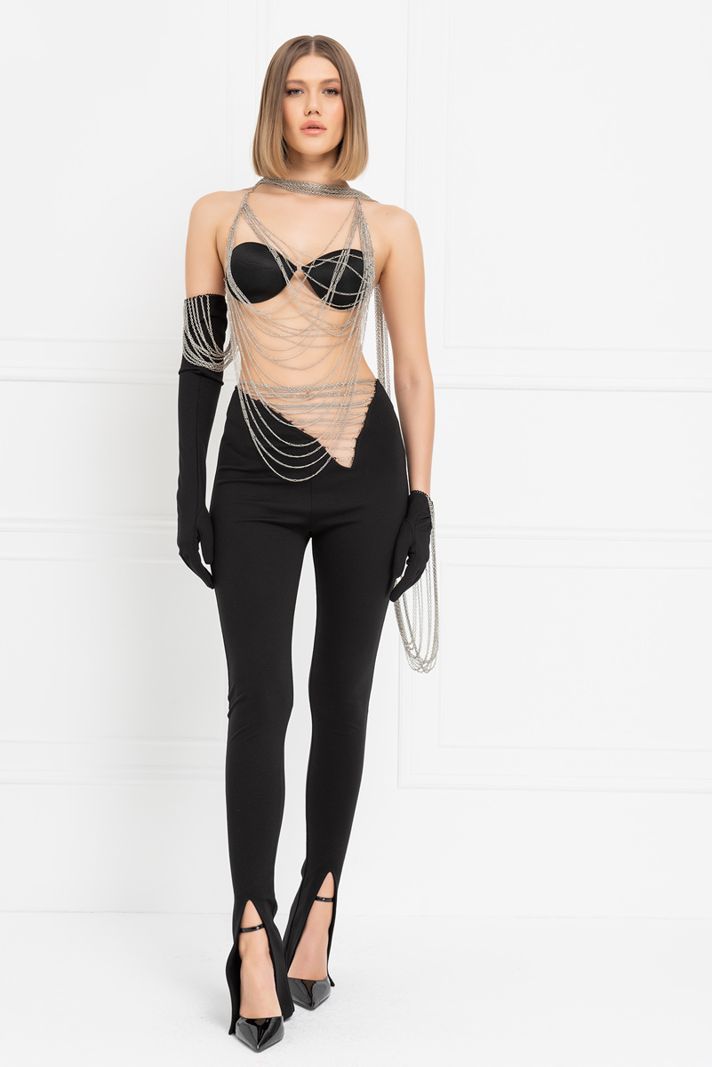 Siyah Beli Zincir Detaylı Pantolon