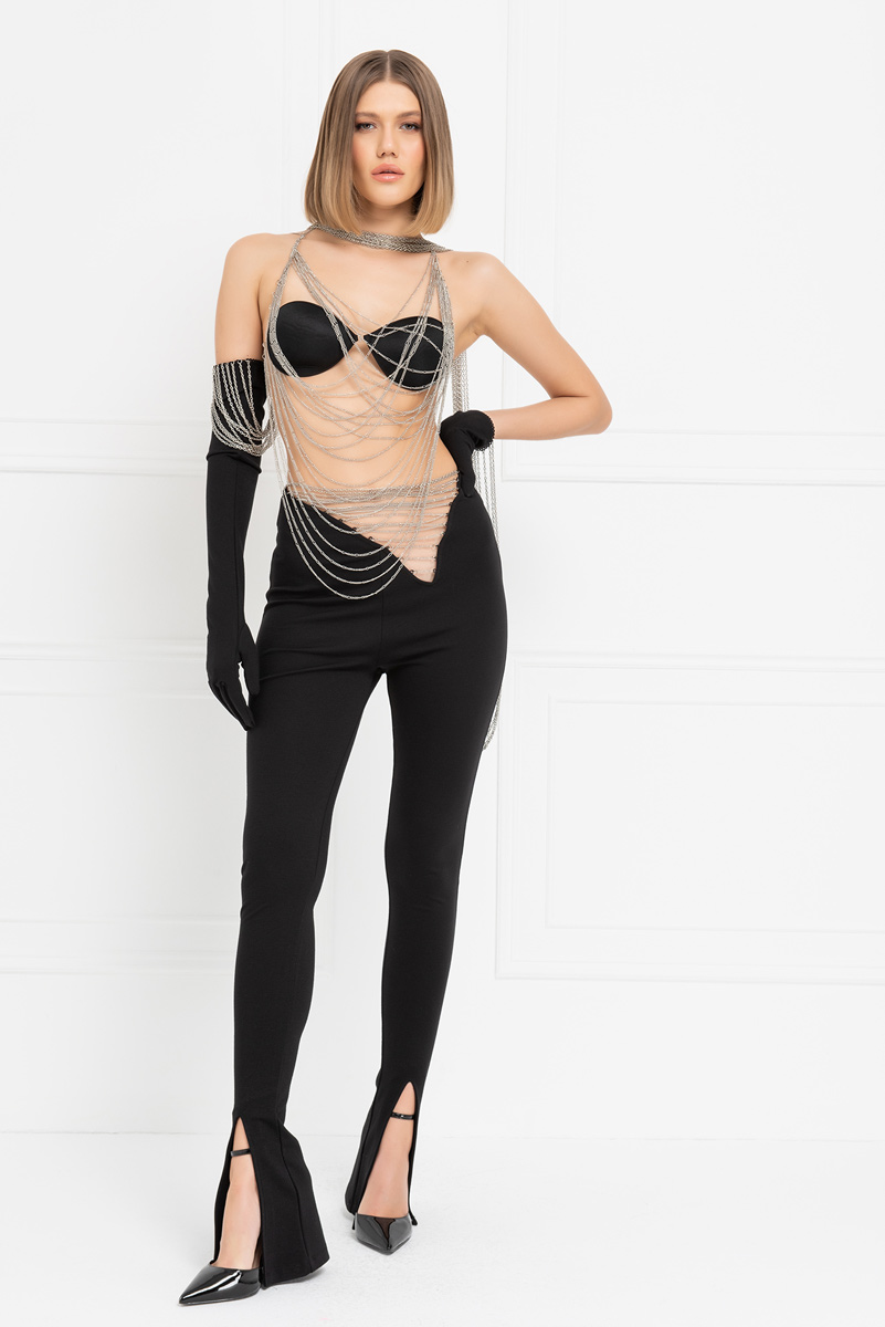 Siyah Beli Zincir Detaylı Pantolon