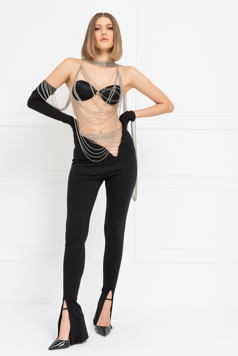 Siyah Beli Zincir Detaylı Pantolon