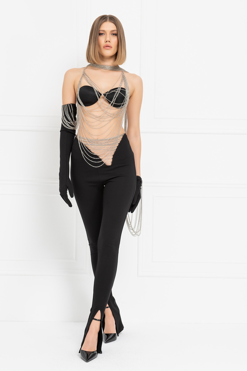 Siyah Beli Zincir Detaylı Pantolon