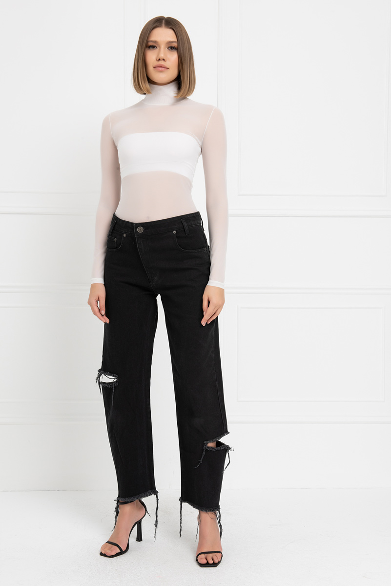 Sheer Offwhite Mesh Turtleneck Top