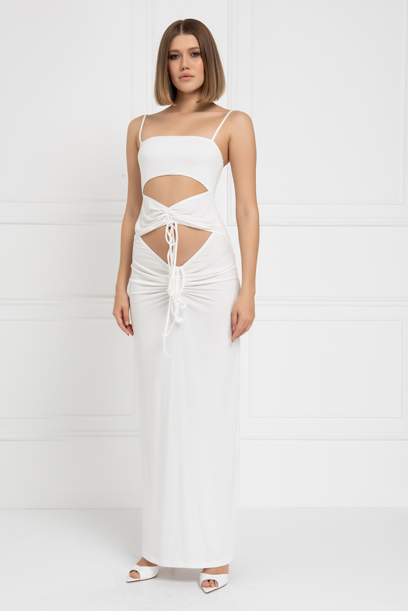 Off white Askılı Göbek Dekolteli Maxi Elbise