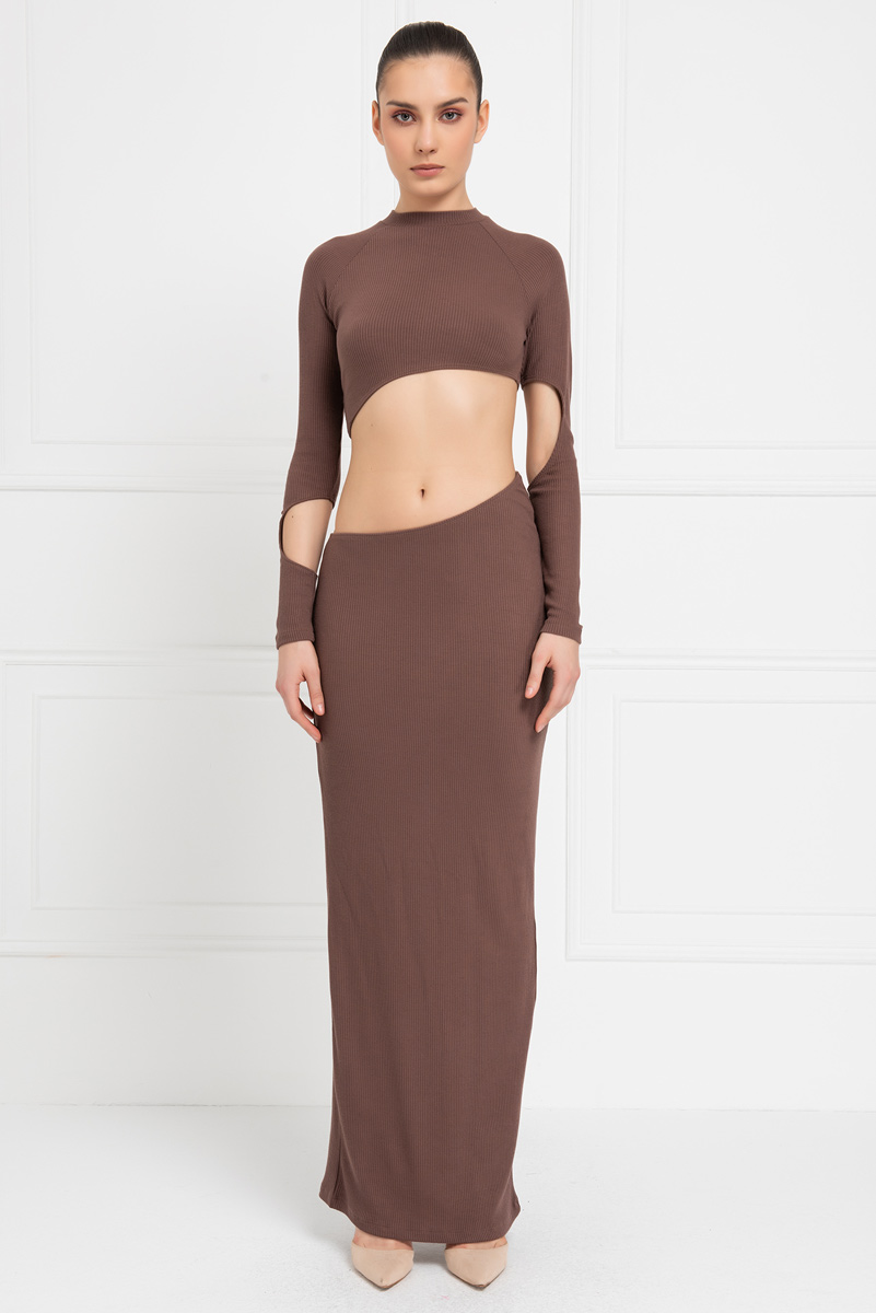Sütlü Kahve Göbek Dekolteli Maxi Kaşkorse Elbise