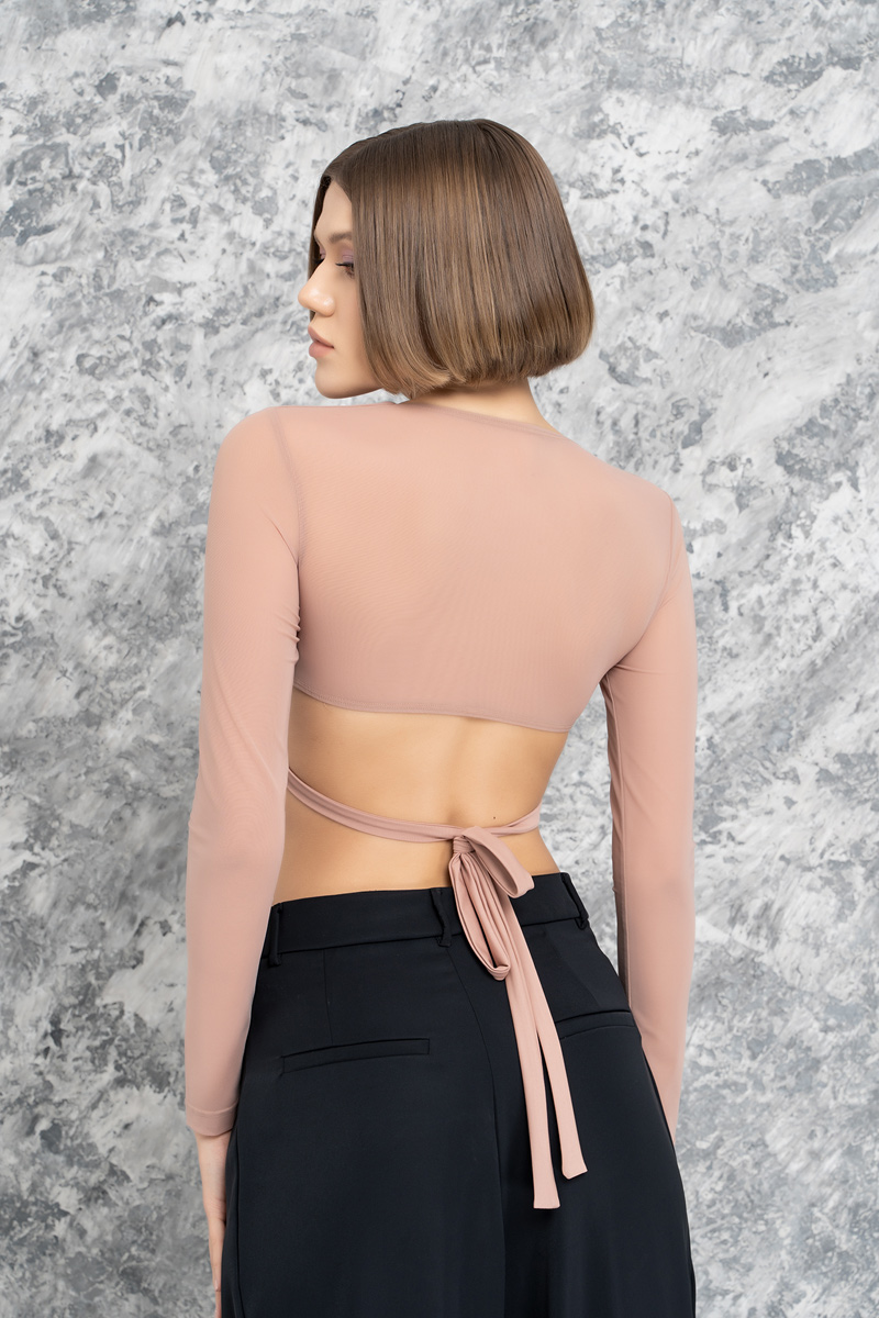 Karamel Uzun Kollu Mini Tül Büstiyer