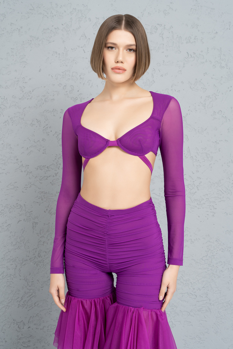 Magenta Purple Long Sleeve Crop Top