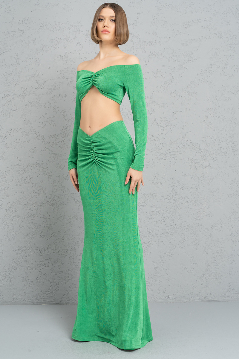 Kelly Green Önü Büzgü Detaylı Crop Bluz & Etek Takım