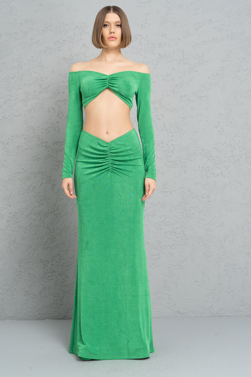 Kelly Green Önü Büzgü Detaylı Crop Bluz & Etek Takım