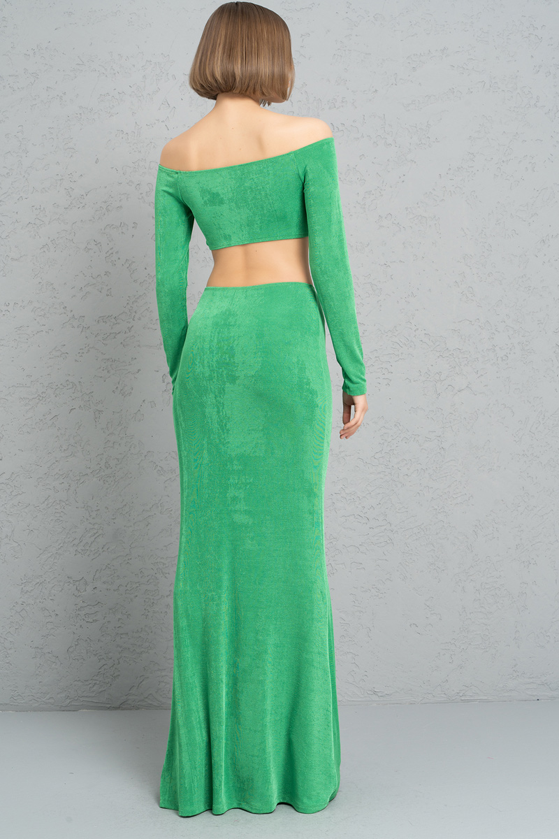 Kelly Green Önü Büzgü Detaylı Crop Bluz & Etek Takım