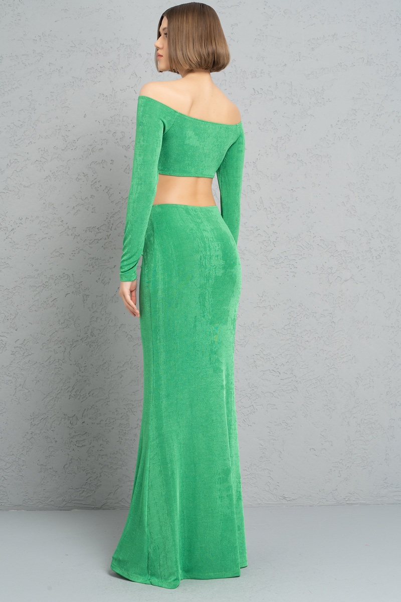 Kelly Green Önü Büzgü Detaylı Crop Bluz & Etek Takım