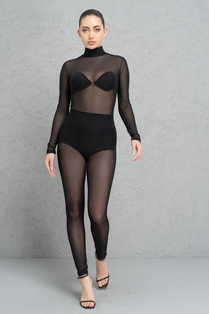 Sheer Black Mock Neck Catsuit